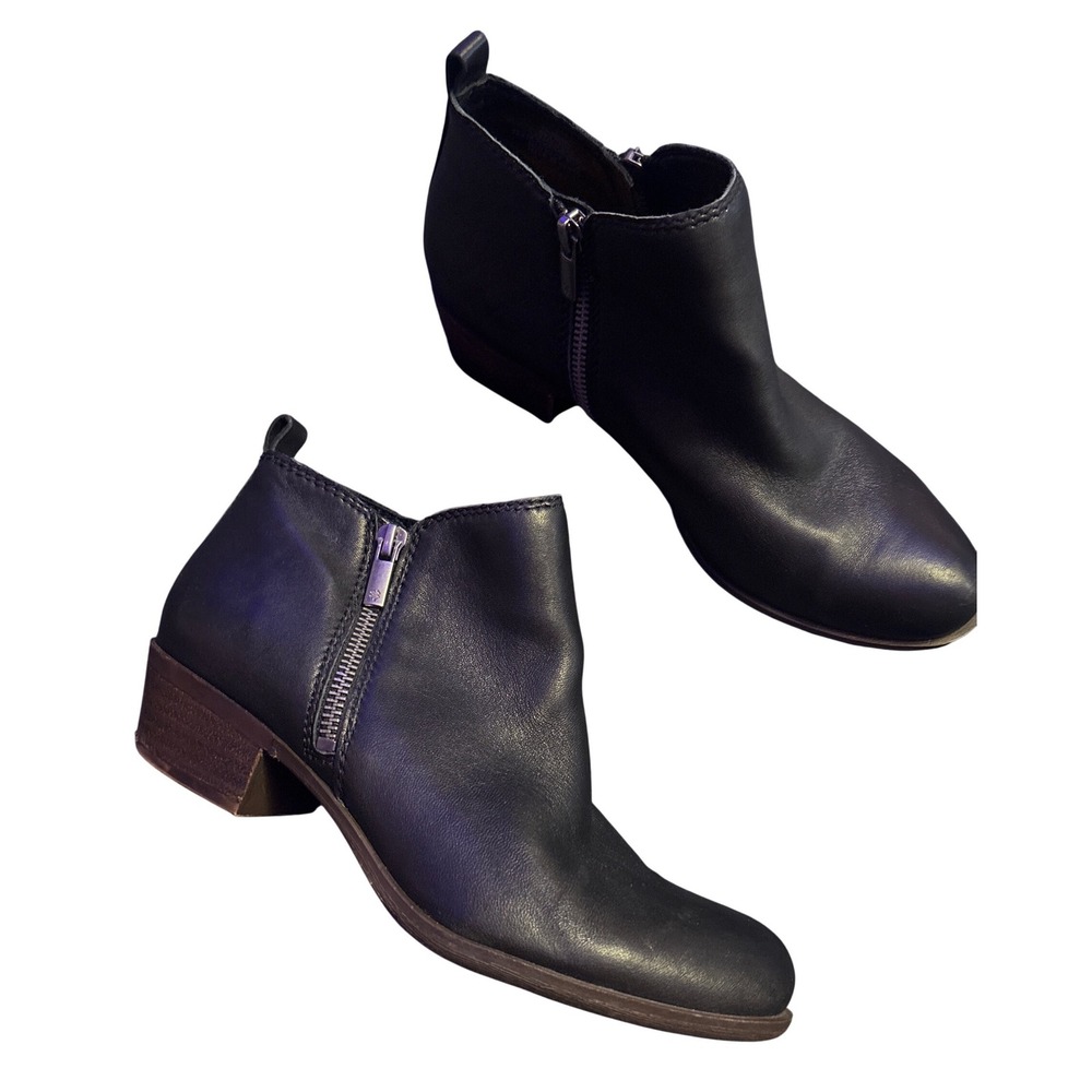 Lucky Brand Basel Black Leather Double Zip Ankle Boots Block Heel Size 8